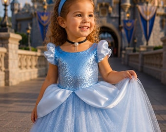 Puede incluir: Un vestido azul claro con corpiño de lentejuelas, mangas abullonadas y falda de tul en capas. La prenda incluye una diadema azul claro a juego y un collar tipo gargantilla negro con un colgante central, formando un conjunto coordinado.