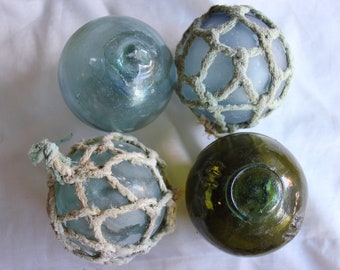 4 SPECIAL Japanese Glass fishing float variety pack - Netting - Dark amber - Blue - Alaska beachcombed - Glass ball - Glass float