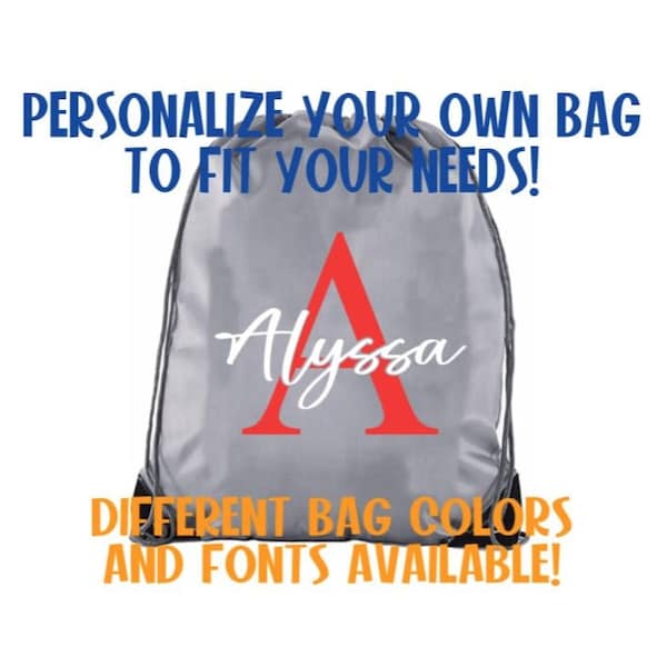 Personalized Drawstring Bags - 13" wide x 16" high, Custom Gym, school, diaper bag, daycare, kids, adult, sports, camping, trip, children
