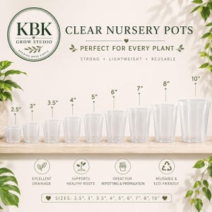 May include: A set of clear plastic nursery pots arranged in a row from smallest to largest, labeled with sizes ranging from 2.5 inches to 10 inches. The text KBK GROW STUDIO CLEAR NURSERY POTS is visible at the top, with icons for drainage and reuse.
