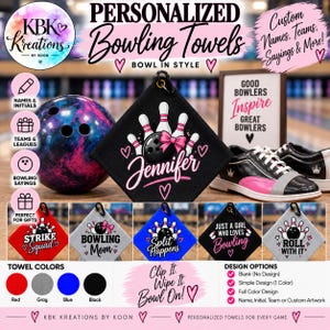 May include: A black square bowling towel featuring a graphic of white bowling pins, a black bowling ball with a pink bow, and the name Jennifer in white script. The towel includes a black clip and is displayed with a bowling ball and shoes.