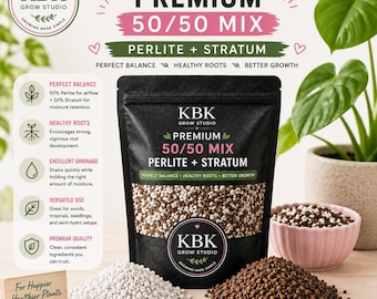 May include: A black pouch of KBK Grow Studio Premium 50/50 Mix containing perlite and stratum. The pouch features white text and a clear window showing the mixture. Piles of white perlite and brown stratum sit in front, with a small bowl of the mix.