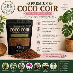 Puede incluir: Una bolsa negra de fibra de coco Premium Coco Coir de KBK Grow Studio con una ventana transparente que muestra la fibra marrón. El empaque presenta texto que detalla beneficios como retención de humedad y crecimiento de raíces.
