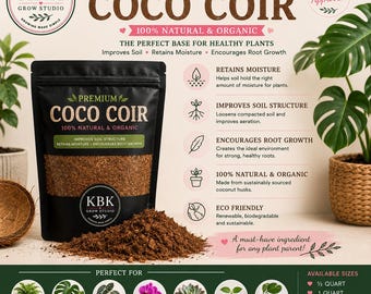 Pode incluir: Uma bolsa preta de fibra de coco Premium Coco Coir da KBK Grow Studio com uma janela transparente mostrando a fibra castanha. A embalagem apresenta texto detalhando benefícios como retenção de humidade e crescimento de raízes.