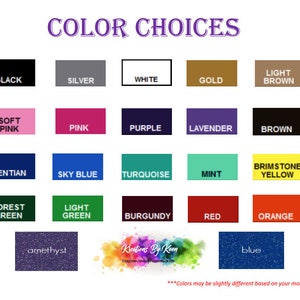 May include: Color chart with 20 different color swatches. The colors include black, white, gold, light brown, soft pink, pink, purple, lavender, brown, gentian, sky blue, turquoise, mint, brimstone yellow, forest green, light green, burgundy, red, orange, amethyst, and blue.