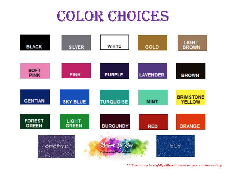 May include: Color chart with 20 different color swatches. The colors include black, white, gold, light brown, soft pink, pink, purple, lavender, brown, gentian, sky blue, turquoise, mint, brimstone yellow, forest green, light green, burgundy, red, orange, amethyst, and blue.