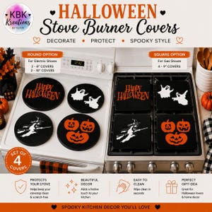 May include: A set of four black stove burner covers featuring orange and white Halloween graphics including ghosts, pumpkins, and a witch on a broomstick. The covers are available in round options for electric stoves and square options for gas stoves.