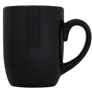 May include: A black ceramic mug with a rounded body and a handle.