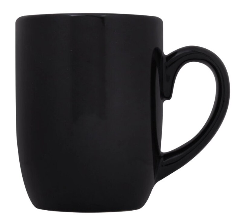 May include: A black ceramic mug with a rounded body and a handle.