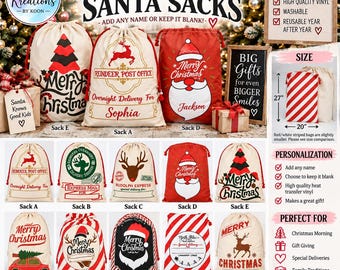 May include: A collection of personalized Santa sacks featuring various holiday designs including reindeer, Santa Claus, and Christmas trees. The sacks are made of canvas with drawstring closures and display text such as Merry Christmas and Reindeer Post Office. A size chart shows dimensions of 27 inches by 20 inches.