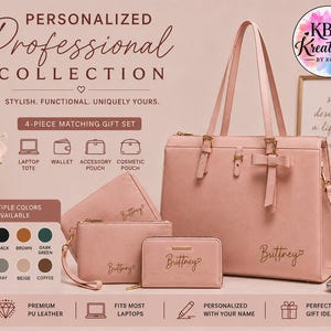 May include: A four-piece matching gift set in dusty pink, including a large laptop tote with a bow detail, a wallet, an accessory pouch, and a cosmetic pouch. Each item features the name Brittney in cursive script. The set is made of PU leather.