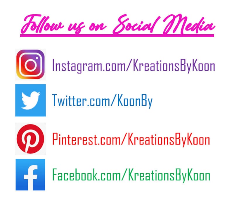 May include: Follow us on social media graphic with icons for Instagram, Twitter, Pinterest, and Facebook. Links to each social media platform are included.