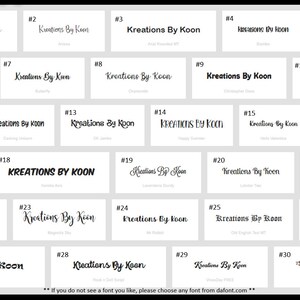 May include: A collection of 30 different font styles for the phrase "Kreations By Koon". Each font is numbered and displayed in a white box with a gray background.
