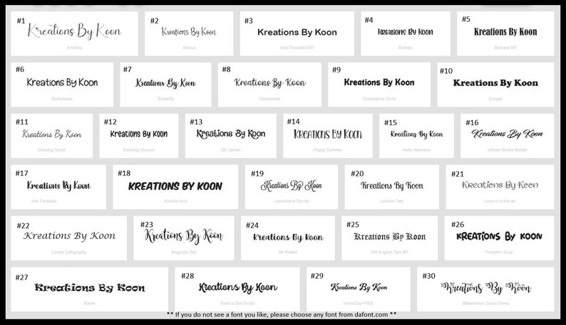 May include: A collection of 30 different font styles for the phrase "Kreations By Koon". Each font is numbered and displayed in a white box with a gray background.
