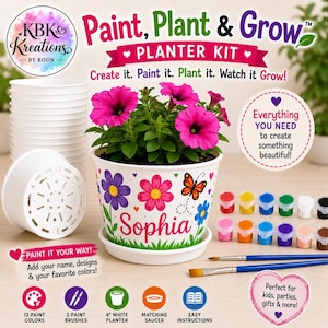 Kit per dipingere il proprio vaso di fiori / Kit per dipingere, piantare e coltivare un vaso / Lavoretto creativo personalizzato per bambini / Regalo di giardinaggio fai da te / Bomboniera per feste di compleanno