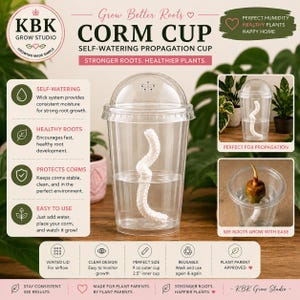 May include: A clear plastic self-watering propagation cup with a vented dome lid and a white wick inside. The cup features text including KBK GROW STUDIO, CORM CUP, and lists features like self-watering, healthy roots, and a 9 oz outer cup size.