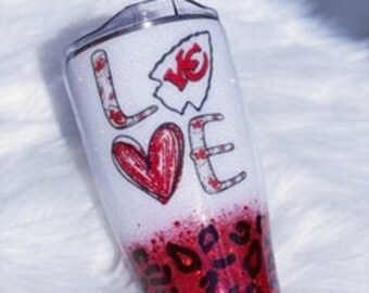 LOVE Kansas City Chiefs with Leopard Print Custom Glitter Stainless Steel Tumbler Cup