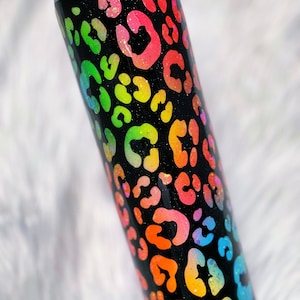 Neon Rainbow Leopard Print with Black Back Custom Glitter Stainless Steel Tumbler Cup | 90&#39;s Vibe | Add a Favorite Saying or Personalize!