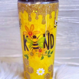 BEE Kind Custom Glitter Tumbler with 3D Crystal Bee, Glitter Honey Drips and Honeycombs