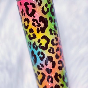 Neon Rainbow Leopard Print Custom Glitter Stainless Steel Tumbler Cup | 90&#39;s Vibe | Can be personalized or add a favorite saying