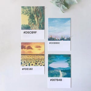 Impressions d'art d'été | Nuanciers de couleurs | Peint à la main Gouache Acrylique Aquarelle | Format carte postale | Ensemble de décoration murale pour bureau