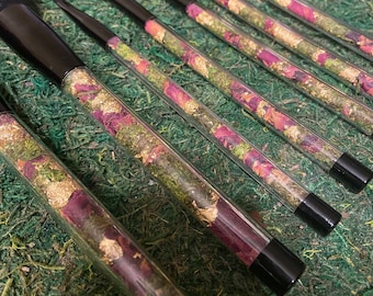 Rose petal flowers, make up brushes, floral applicators, moss cottagecore cosmetic brush set, birthday present gift, make up lover art, gold