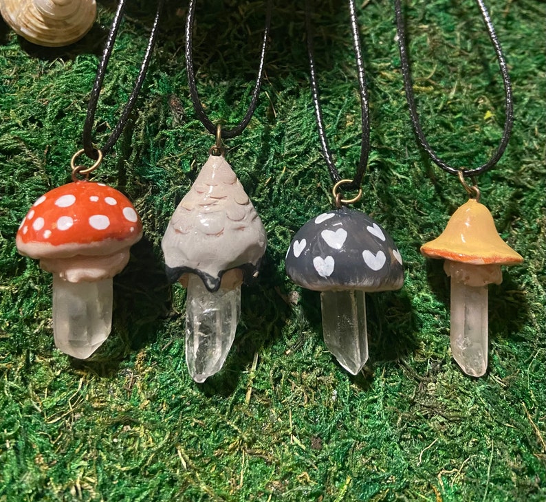 Hand-painted Mushroom Quartz Pendant Necklace: Cottagecore Forest ...