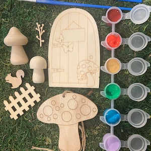 Fairy garden, cottagecore, mushroom paint kit,  woodland birthday craft activity, nature, diy wood painting, party favors, kids art gift set