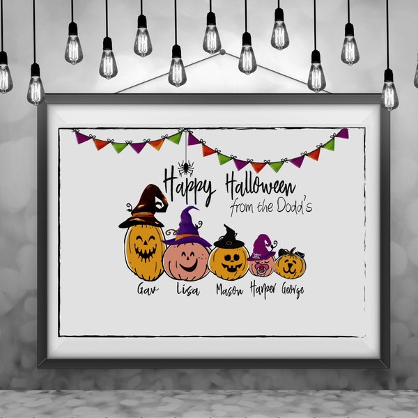 Personalised Halloween Print/ Pumpkins / Monsters / Witches / Family Wall Art/ Autumn Home Decor/ October Birthday Gift/ Halloween Poster