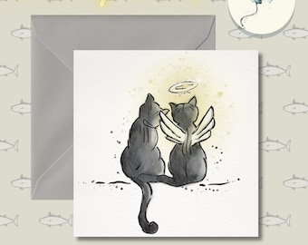 May include: A watercolor illustration of two black cats, one with angel wings, sitting together with a halo above them. The background is a soft yellow with white speckles.