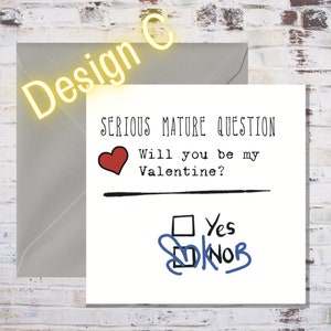May include: A white card with the text "SERIOUS MATURE QUESTION" and a red heart. The text "Will you be my Valentine?" is below the heart. There are two checkboxes below the text, one labelled "Yes" and the other labelled "No". The "No" checkbox is ticked with a blue tick.