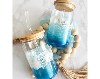 Ocean Wave Bamboo Lid Drink Glass Housewarming Gift Coastal Decor Cups with Straw Vacation Keepsake New Home Gift Military Move Realtor Gift