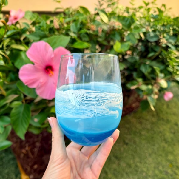 Ocean Wave Wine Glass Housewarming Gift Coastal Decor Resin Drinking Glass Cup Nautical Vacation New Home Gift Military Move Realtor Gift