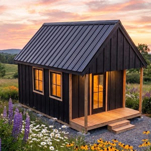 May include: A small cabin with black vertical siding and a dark metal roof. The structure features a natural wood porch, two windows with black frames, and a glass-paneled door. The interior is illuminated, casting a warm glow through the windows.