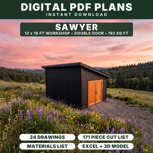 May include: Digital PDF plans for a Sawyer 12 x 16 ft workshop with double doors and 192 sq ft. Includes 24 drawings, 171 piece cut list, materials list, Excel, and 3D model. The image shows a black shed with wooden doors in a field.