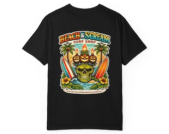 Beach & Scream Surf Shop Skull Graphic Tee | Retro Tiki Flames Surfboard Art