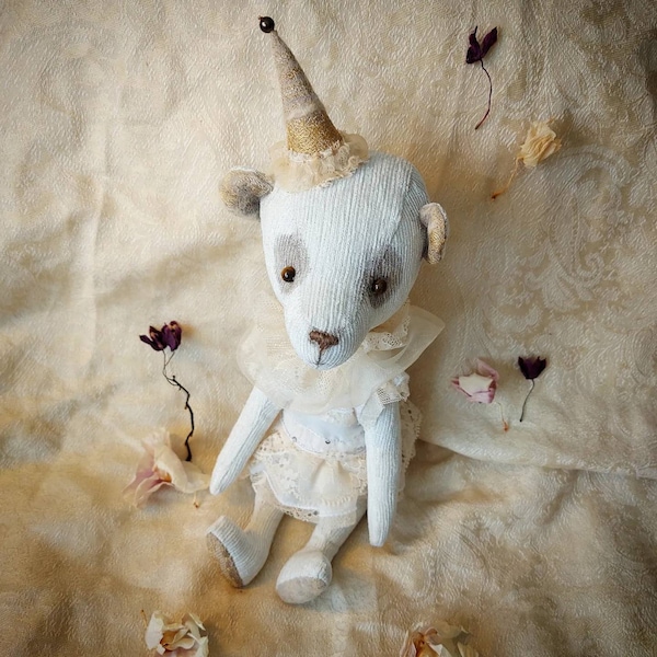 White velvet ooak teddy bear with a party hat