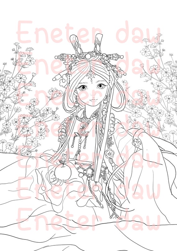 Download Chinese Woman 5 Printable Adult Coloring Page From Favoreads Etsy
