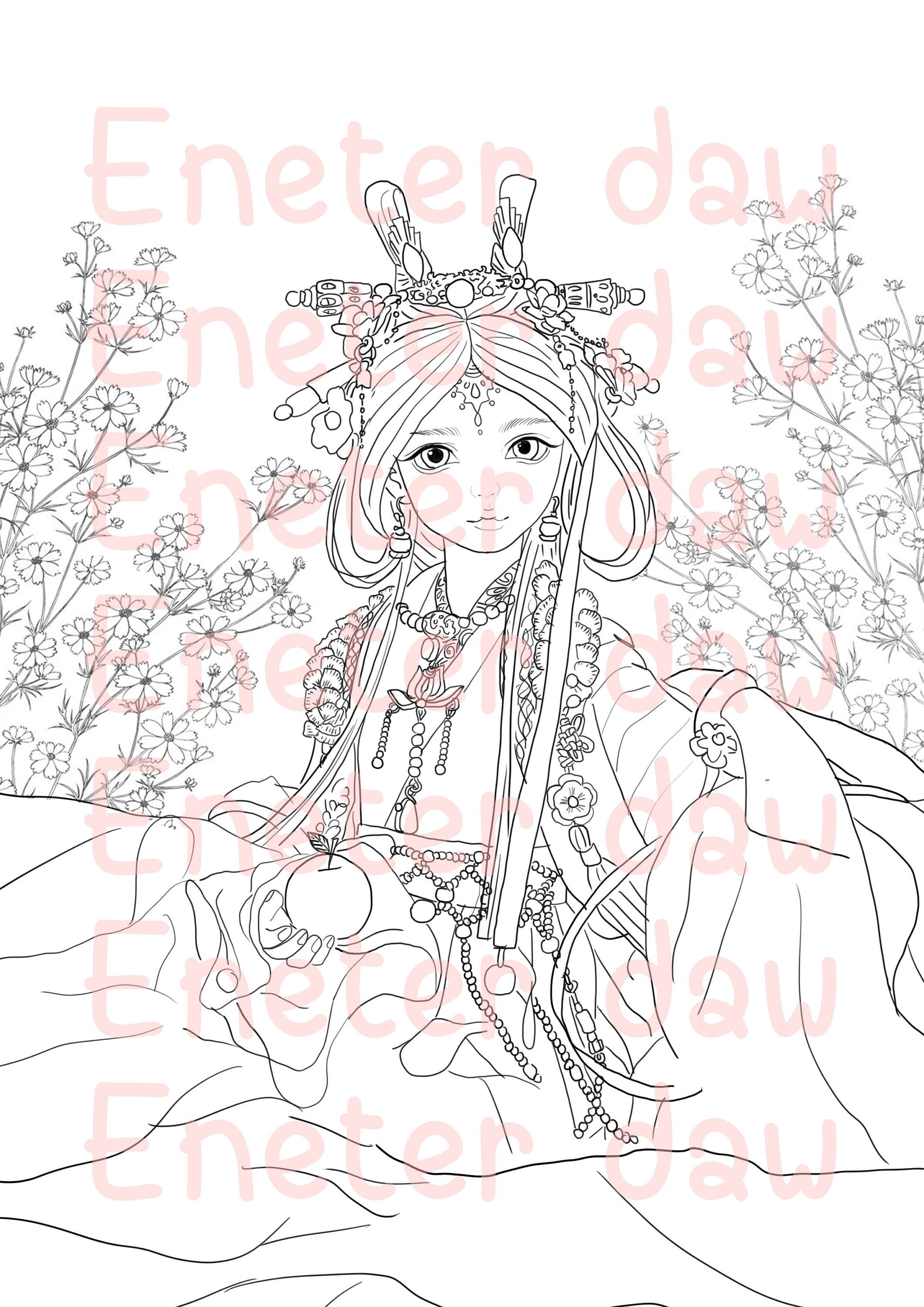 Chinese Woman 5 Printable Adult Coloring Page from Favoreads | Etsy