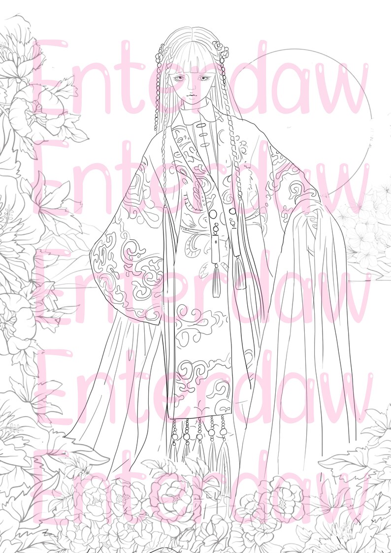 Chinese Woman 7 Printable Adult Coloring Page from Favoreads | Etsy