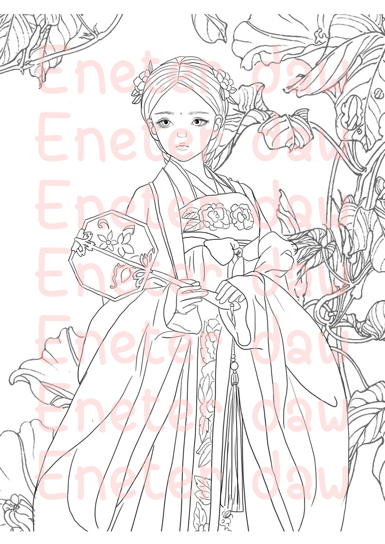 Chinese Woman1 Printable Adult Coloring Page From Favoreads | Etsy