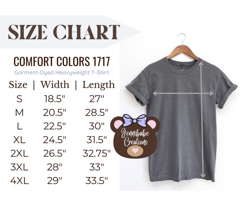 Op de afbeelding: Maattabel voor een garment-gekleurd zwaargewicht T-shirt in Comfort Colors 1717. De tabel toont maten S tot en met 4XL met de bijbehorende breedte- en lengtematen in inches.
