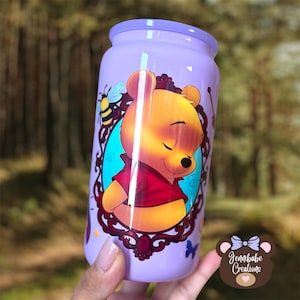 Winnie Bear + Friends Purple 16oz Can Glass | Purple Tumbler | Cute Floral Iced Coffee Cup |  Inspired Acre Forest Friends Glass Cup