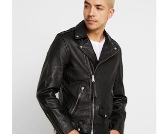 Men's Biker Leather Jacket Distressed Sheepskin, Asymmetrical