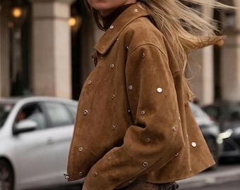 Brown Suede Cropped Jacket | Studded Western Boho Goat Leather Outerwear