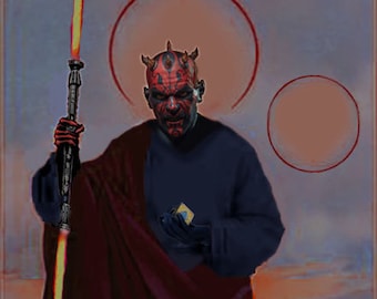 May include: A red-skinned figure with horns and a dark robe holds a lightsaber and stands in front of a red and blue background with two halos.