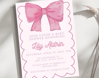 Plantilla de invitación para baby shower con lazo rosa (descarga digital)