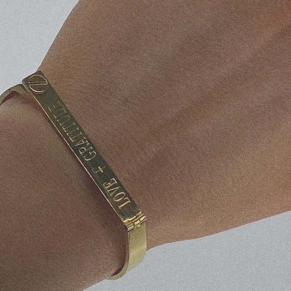 Love + Gratitude Bracelet with Screwdriver Bangle - Engraved Bracelet - Spiritual Jewelry - Gold Filled - Waterproof