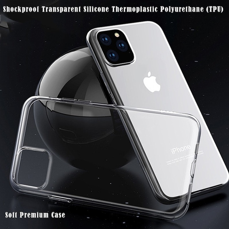 May include: A clear, transparent phone case made of silicone thermoplastic polyurethane (TPU). The case is designed to protect a smartphone from shocks and drops. The case is shown on top of a silver smartphone with a black background. The case is labeled "Soft Premium Case".