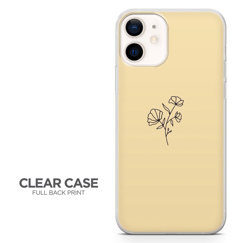 May include: A clear phone case with a full back print of a simple line drawing of a flower on a light yellow background.  CLEAR CASE FULL BACK PRINT.